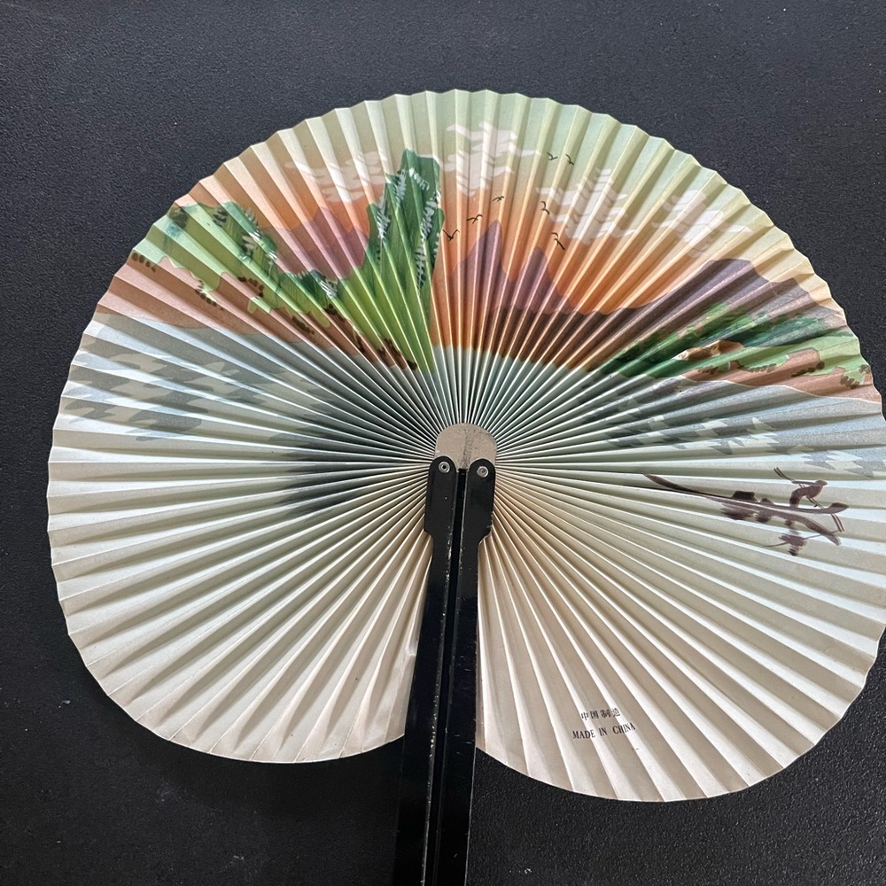 Vintage Hand Held Paper Folding Fan-Black Tin Case-Made in China